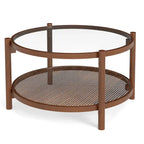 Tavolino da caffè rotondo con piano in vetro temperato e ripiano in rattan 79 cm