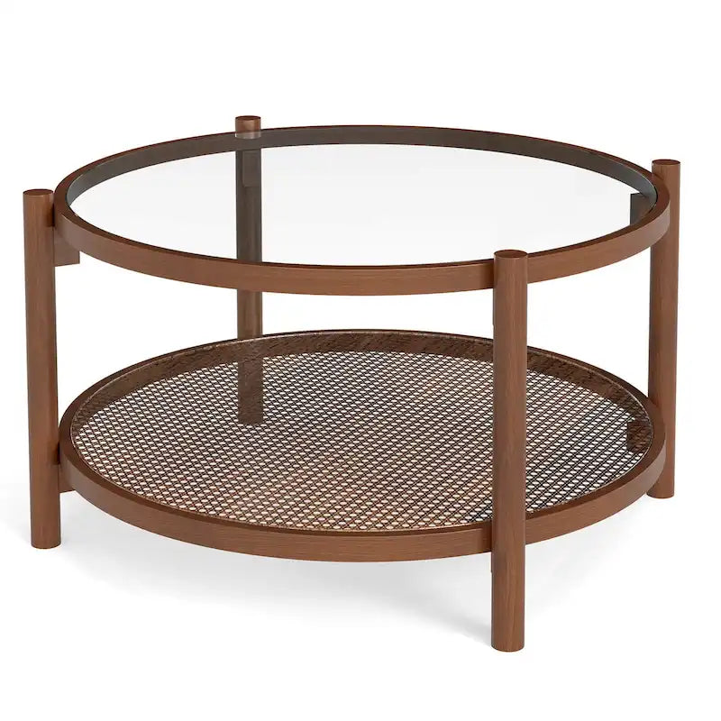 Tavolino da caffè rotondo con piano in vetro temperato e ripiano in rattan 79 cm