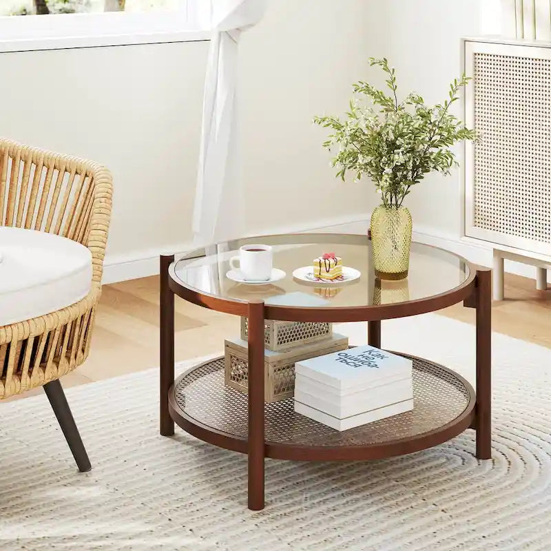 Tavolino da caffè rotondo con piano in vetro temperato e ripiano in rattan 79 cm