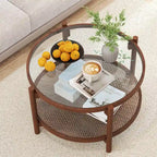 Tavolino da caffè rotondo con piano in vetro temperato e ripiano in rattan 79 cm