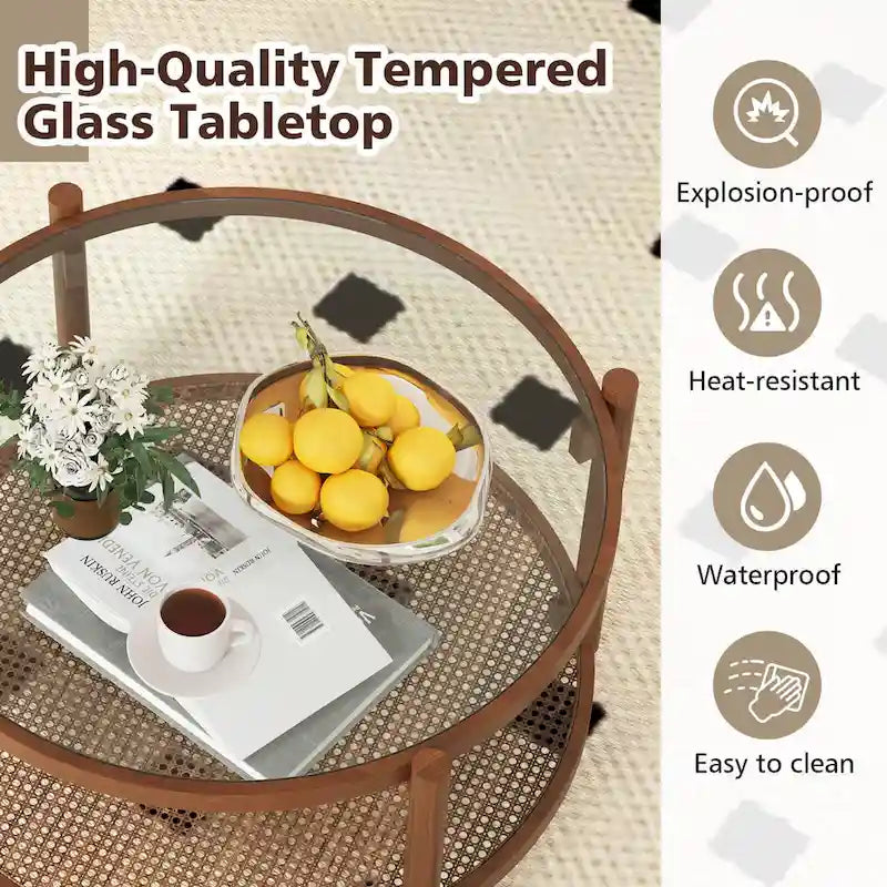 Tavolino da caffè rotondo con piano in vetro temperato e ripiano in rattan 79 cm