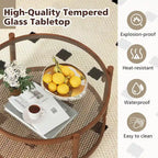 Tavolino da caffè rotondo con piano in vetro temperato e ripiano in rattan 79 cm