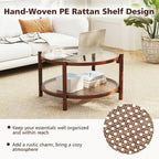 Tavolino da caffè rotondo con piano in vetro temperato e ripiano in rattan 79 cm