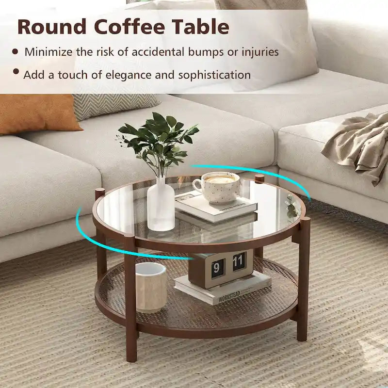 Tavolino da caffè rotondo con piano in vetro temperato e ripiano in rattan 79 cm