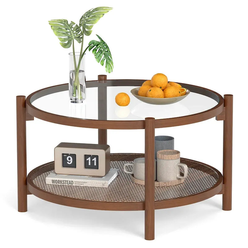 Tavolino da caffè rotondo con piano in vetro temperato e ripiano in rattan 79 cm
