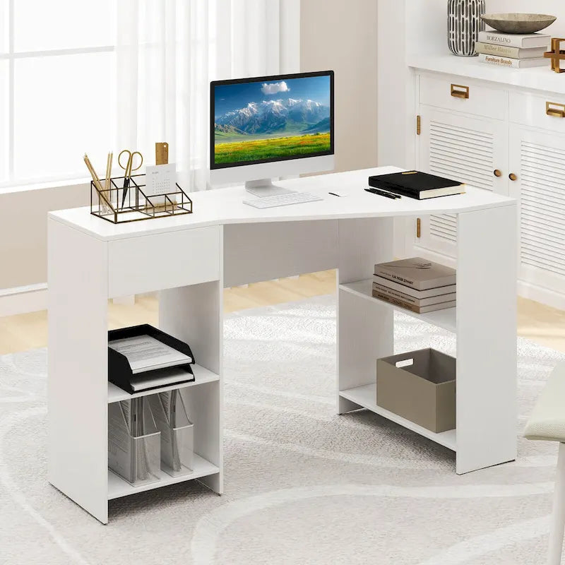 Scrivania angolare per computer con cassetto e ripiani portaoggetti