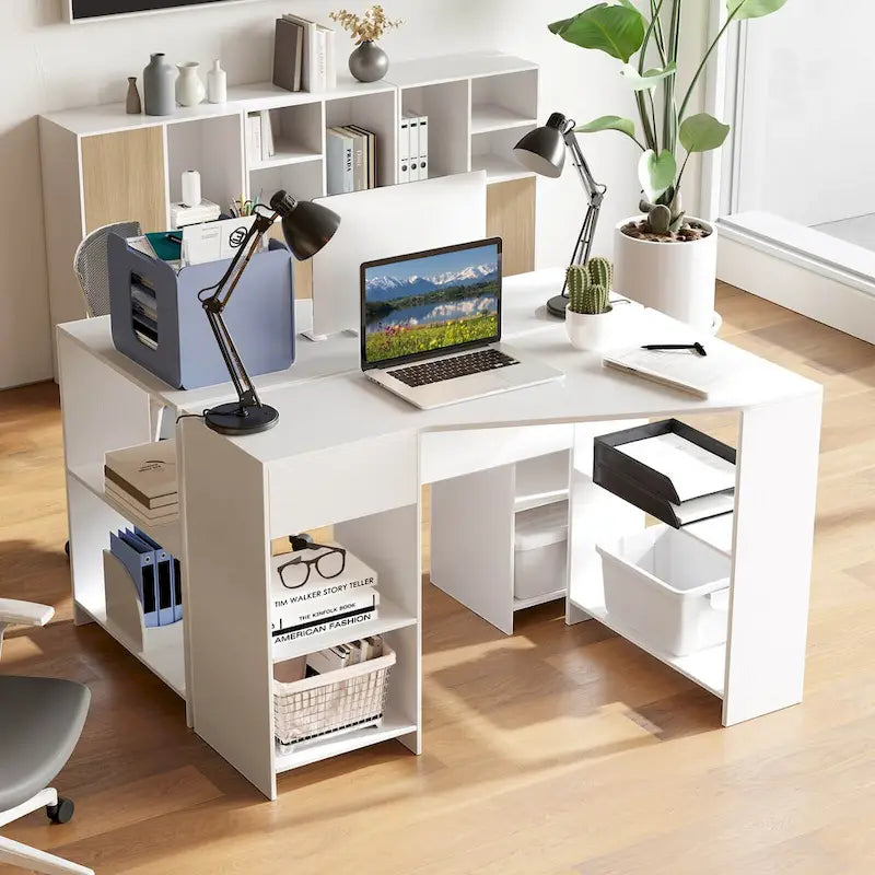 Scrivania angolare per computer con cassetto e ripiani portaoggetti