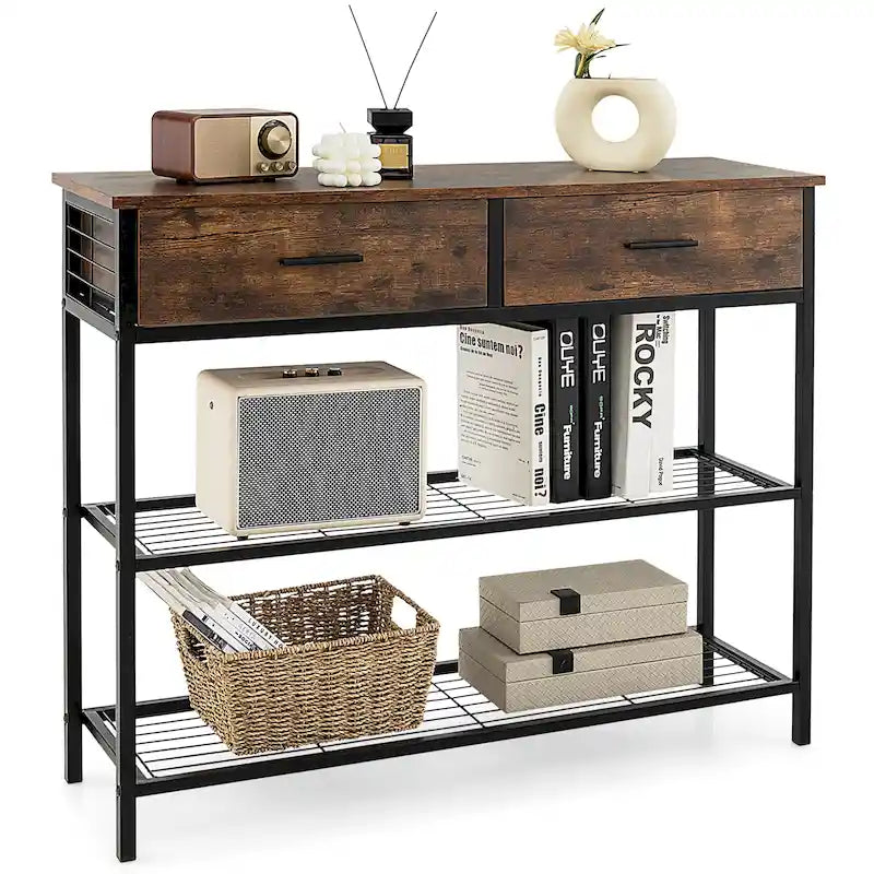 Tavolo Consolle da Ingresso con 2 Cassetti e 2 Ripiani 39,5x12x32