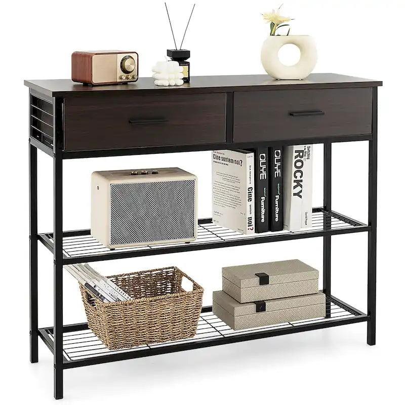 Tavolo Consolle da Ingresso con 2 Cassetti e 2 Ripiani 39,5x12x32