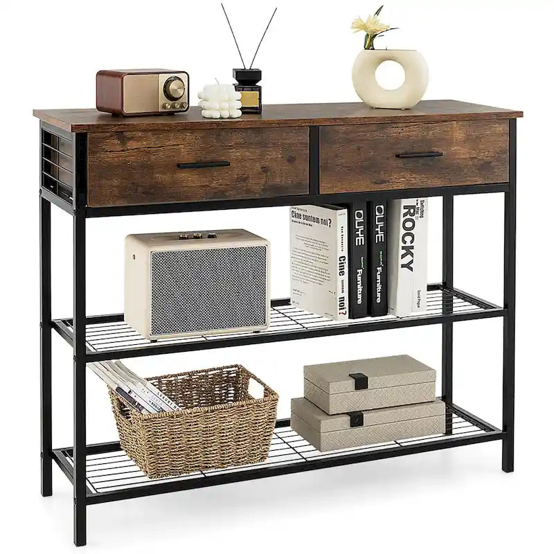 Tavolo Consolle da Ingresso con 2 Cassetti e 2 Ripiani 39,5x12x32
