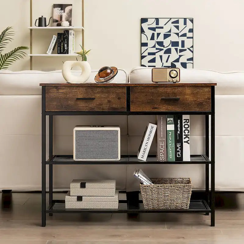 Tavolo Consolle da Ingresso con 2 Cassetti e 2 Ripiani 39,5x12x32