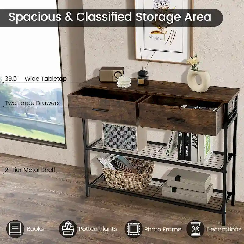 Tavolo Consolle da Ingresso con 2 Cassetti e 2 Ripiani 39,5x12x32