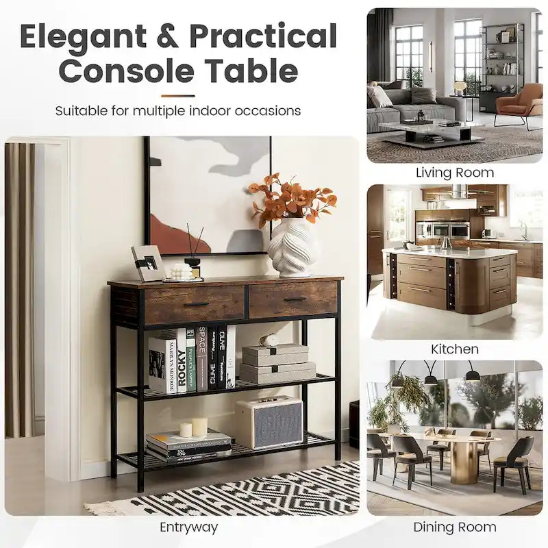 Tavolo Consolle da Ingresso con 2 Cassetti e 2 Ripiani 39,5x12x32