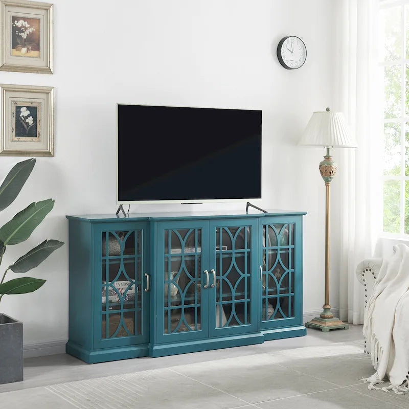 Mobile TV moderno blu petrolio da 62" con ripiano grande e 6 ripiani regolabili