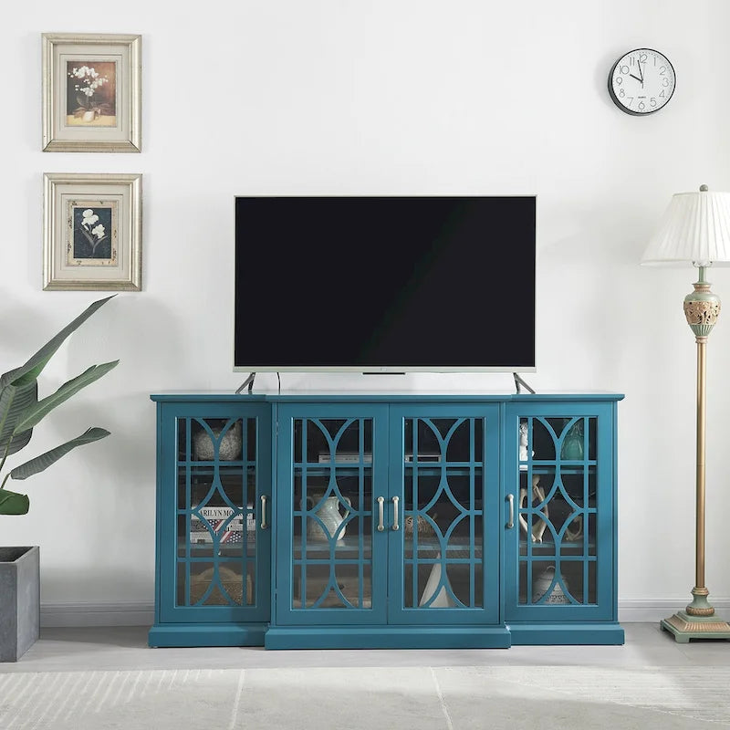 Mobile TV moderno blu petrolio da 62" con ripiano grande e 6 ripiani regolabili