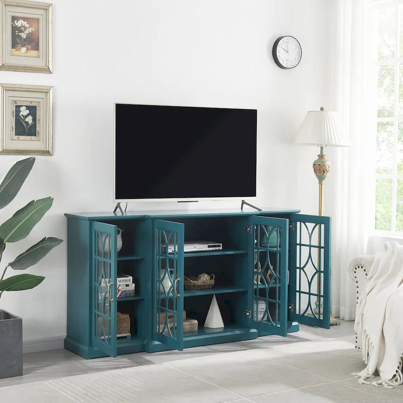 Mobile TV moderno blu petrolio da 62" con ripiano grande e 6 ripiani regolabili
