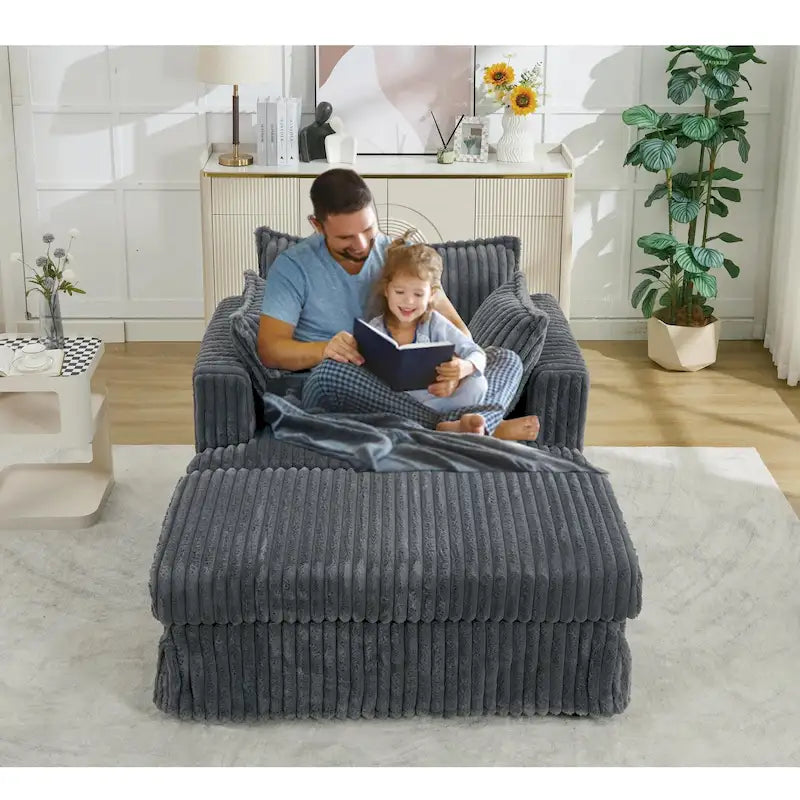 Chaise Longue in Corduroy Grigio Scuro Moderno da 121 cm con Pouf e Cuscini