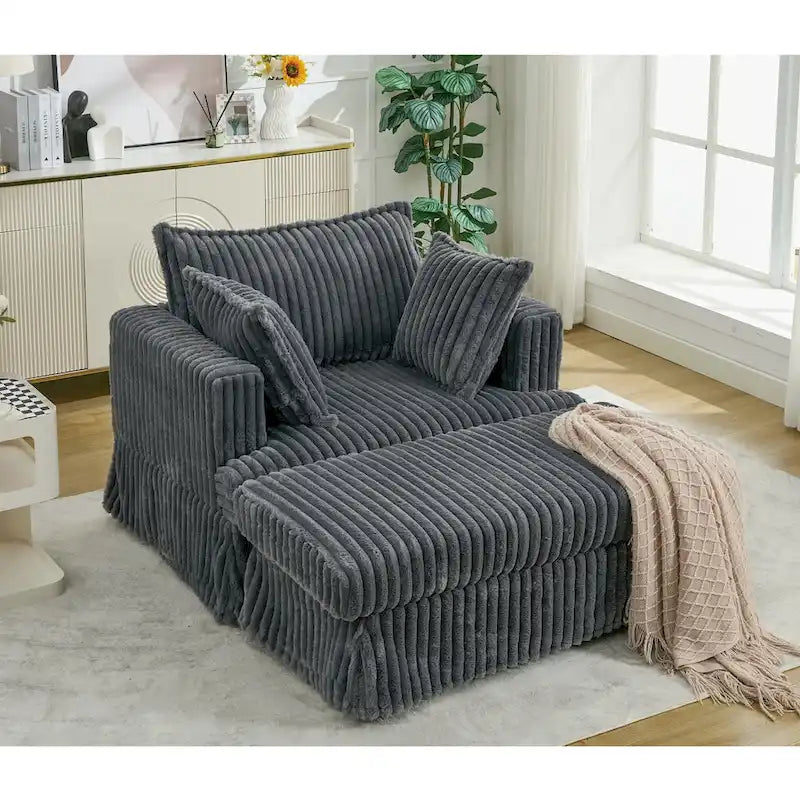 Chaise Longue in Corduroy Grigio Scuro Moderno da 121 cm con Pouf e Cuscini