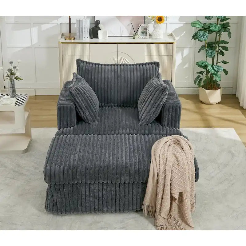 Chaise Longue in Corduroy Grigio Scuro Moderno da 121 cm con Pouf e Cuscini