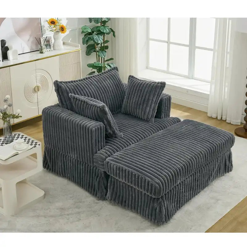 Chaise Longue in Corduroy Grigio Scuro Moderno da 121 cm con Pouf e Cuscini