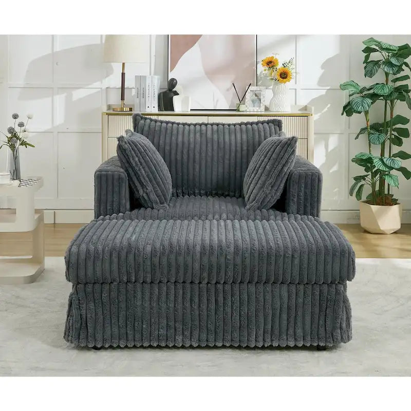 Chaise Longue in Corduroy Grigio Scuro Moderno da 121 cm con Pouf e Cuscini