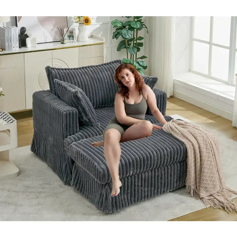 Chaise Longue in Corduroy Grigio Scuro Moderno da 121 cm con Pouf e Cuscini