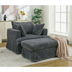 Chaise Longue in Corduroy Grigio Scuro Moderno da 121 cm con Pouf e Cuscini