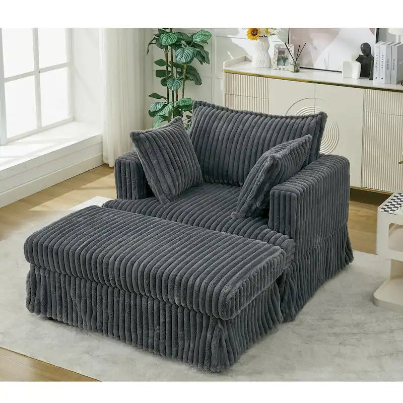 Chaise Longue in Corduroy Grigio Scuro Moderno da 121 cm con Pouf e Cuscini