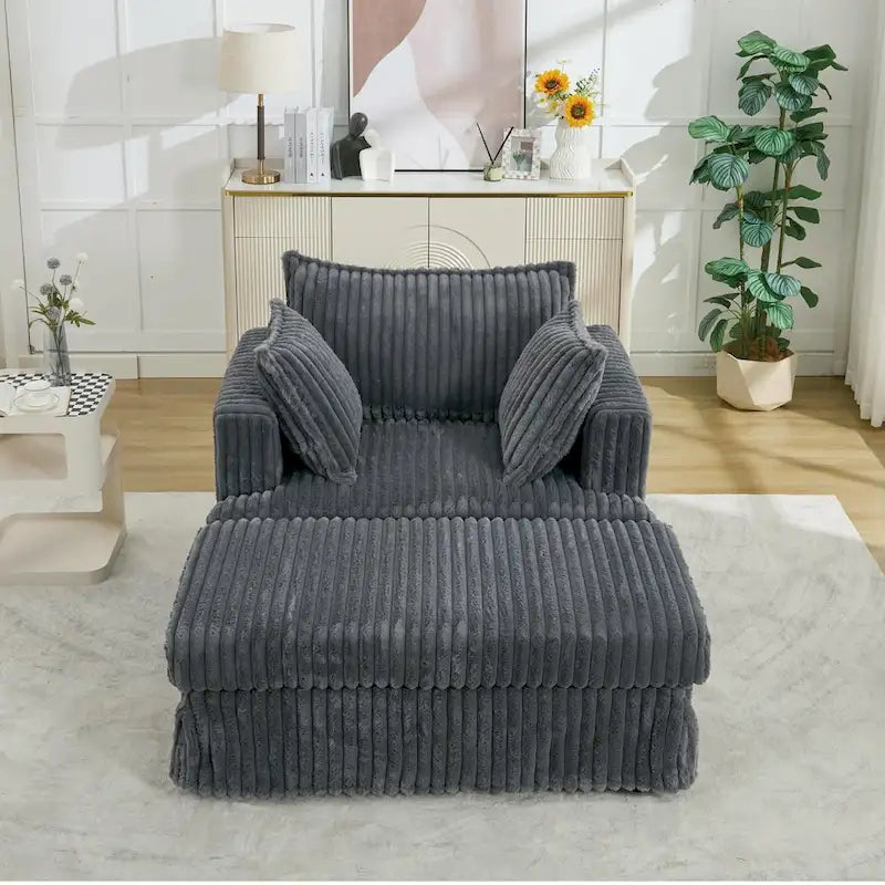 Chaise Longue in Corduroy Grigio Scuro Moderno da 121 cm con Pouf e Cuscini