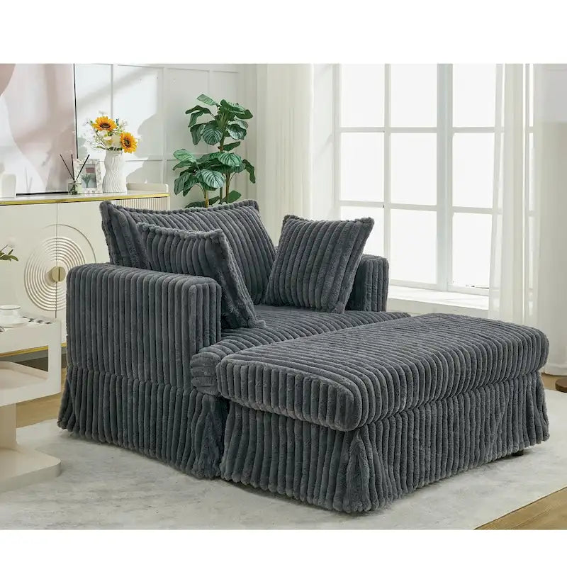Chaise Longue in Corduroy Grigio Scuro Moderno da 121 cm con Pouf e Cuscini