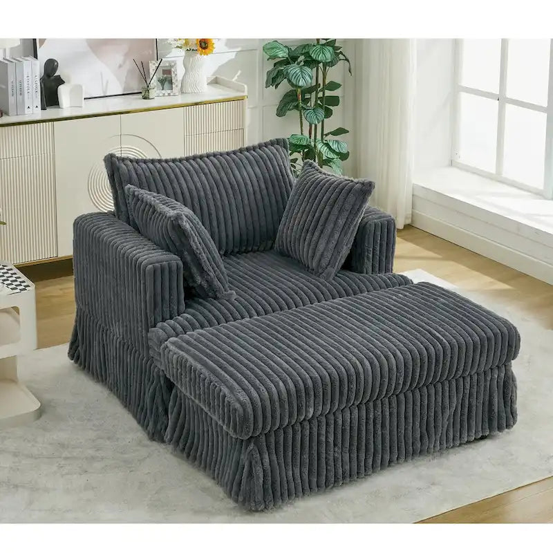 Chaise Longue in Corduroy Grigio Scuro Moderno da 121 cm con Pouf e Cuscini