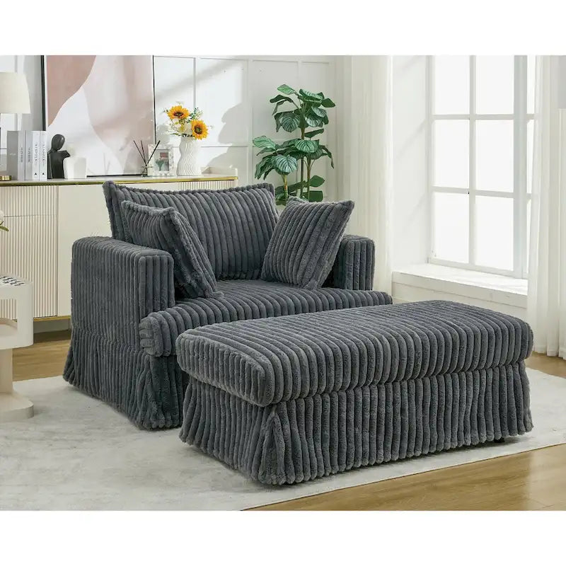 Chaise Longue in Corduroy Grigio Scuro Moderno da 121 cm con Pouf e Cuscini