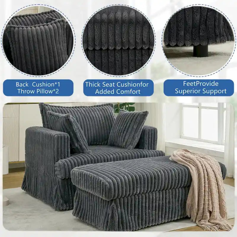 Chaise Longue in Corduroy Grigio Scuro Moderno da 121 cm con Pouf e Cuscini