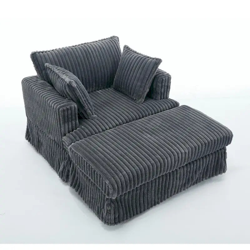 Chaise Longue in Corduroy Grigio Scuro Moderno da 121 cm con Pouf e Cuscini