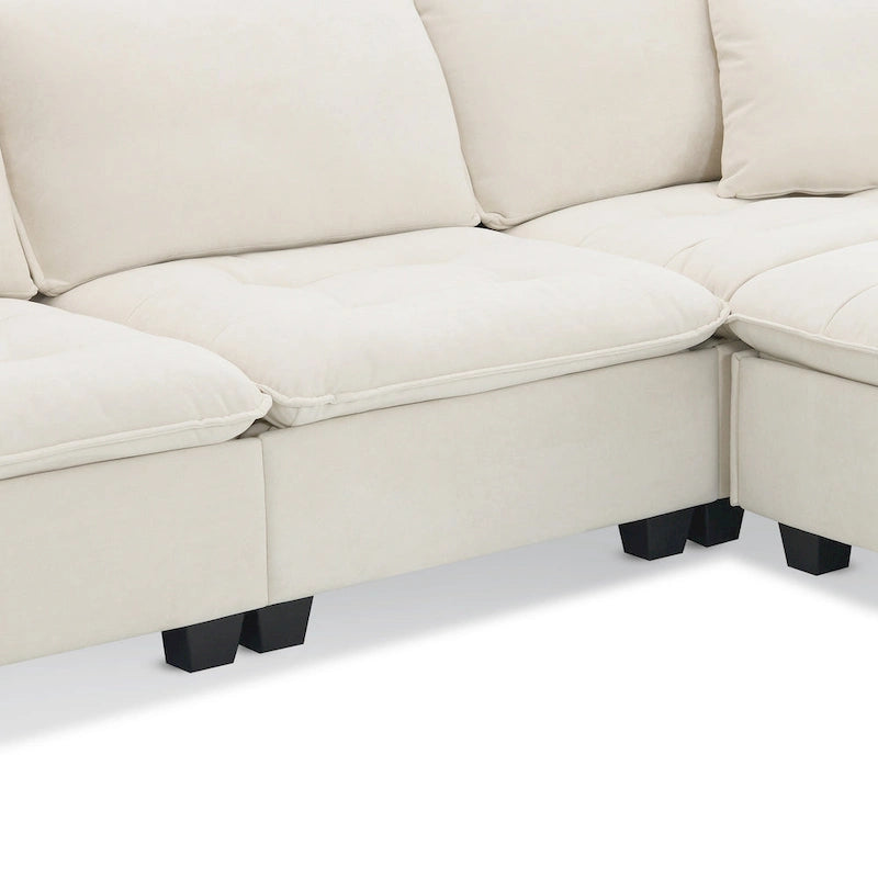 Divano componibile a L convertibile a 4 posti con pouf rimovibile e cuscini abbinati, rivestimento in velluto scamosciato