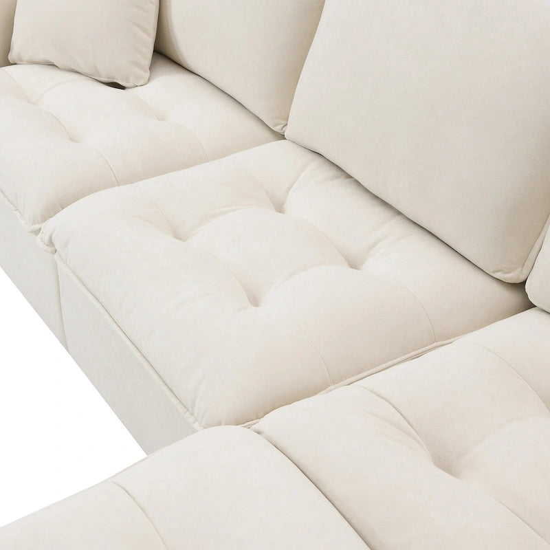 Divano componibile a L convertibile a 4 posti con pouf rimovibile e cuscini abbinati, rivestimento in velluto scamosciato