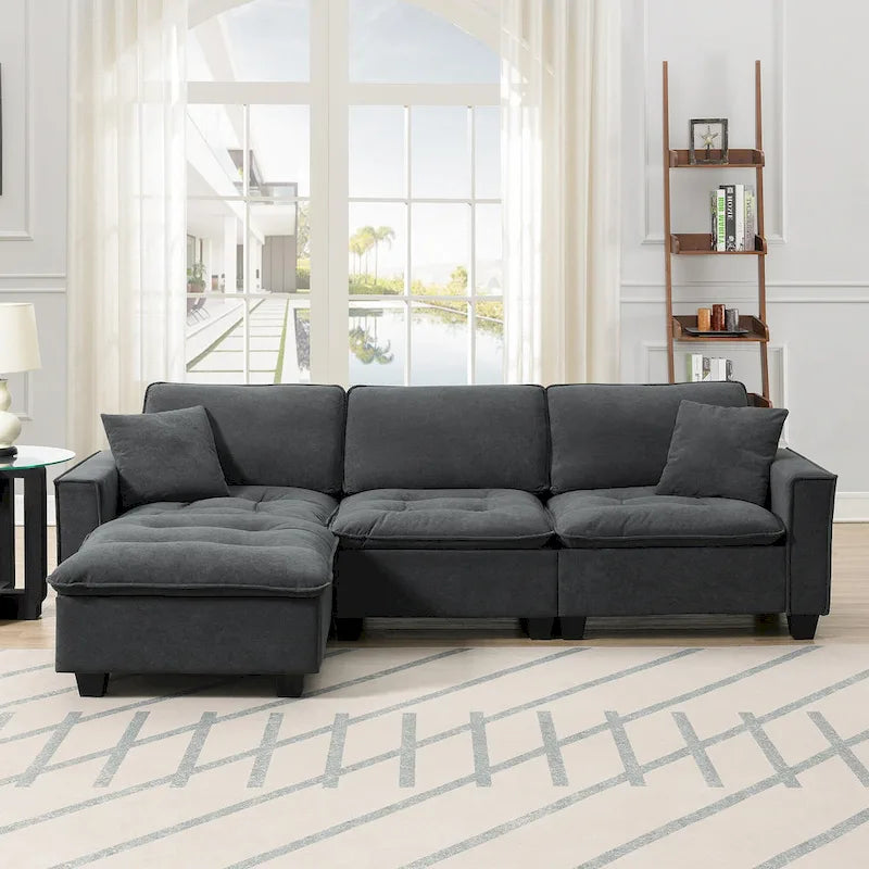 Divano componibile a L convertibile a 4 posti con pouf rimovibile e cuscini abbinati, rivestimento in velluto scamosciato