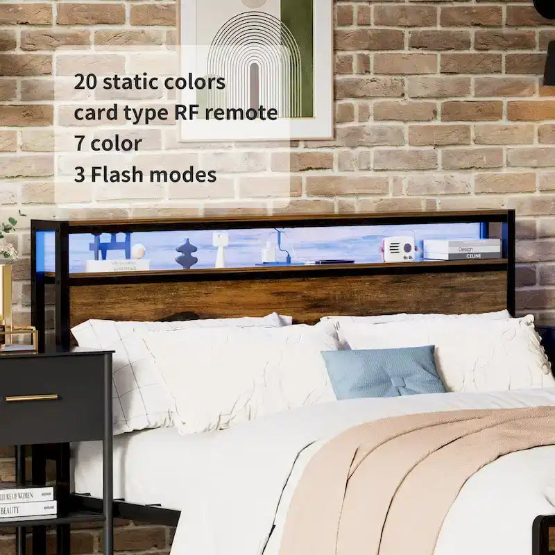 Letto a piattaforma Queen Size con testiera contenitore, luce LED e ricarica
