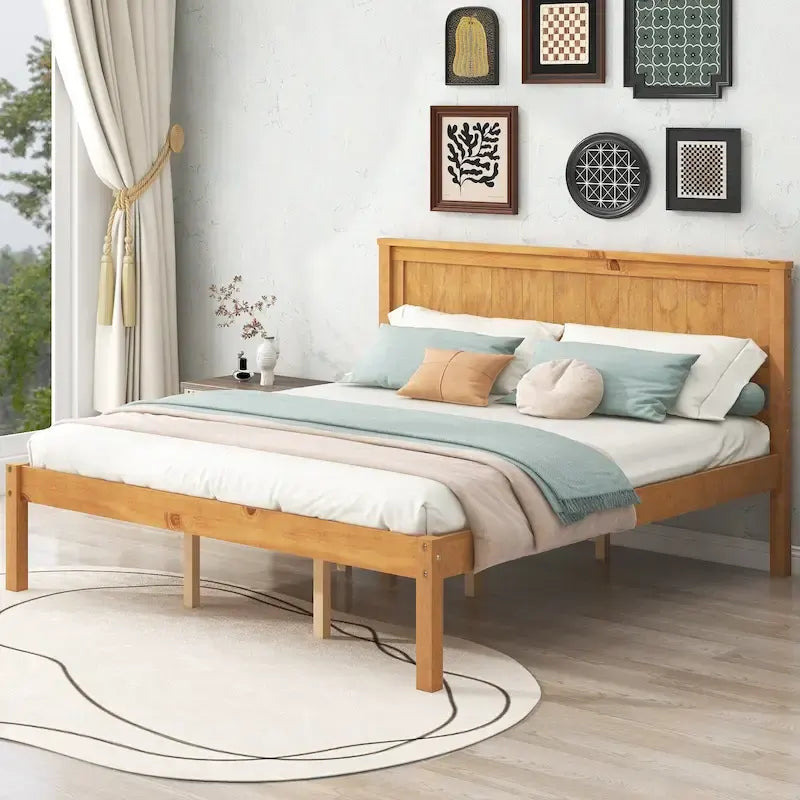 Letto a Piattaforma Matrimoniale in Legno di Pino Espresso Queen Size con Testiera e Supporto a Doghe in Legno