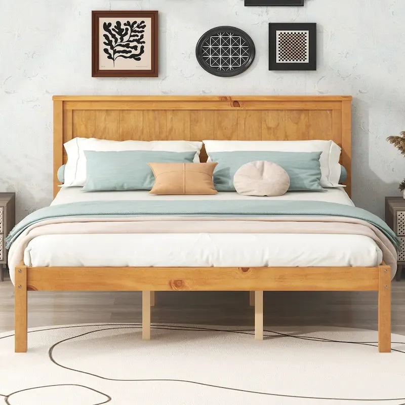 Letto a Piattaforma Matrimoniale in Legno di Pino Espresso Queen Size con Testiera e Supporto a Doghe in Legno