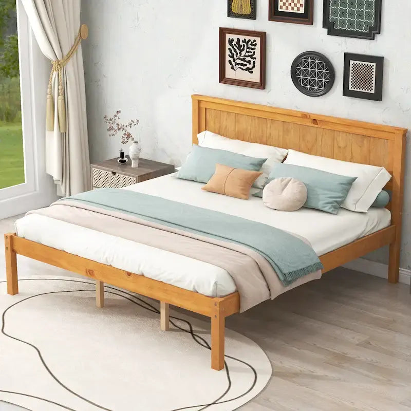 Letto a Piattaforma Matrimoniale in Legno di Pino Espresso Queen Size con Testiera e Supporto a Doghe in Legno