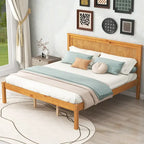 Letto a Piattaforma Matrimoniale in Legno di Pino Espresso Queen Size con Testiera e Supporto a Doghe in Legno