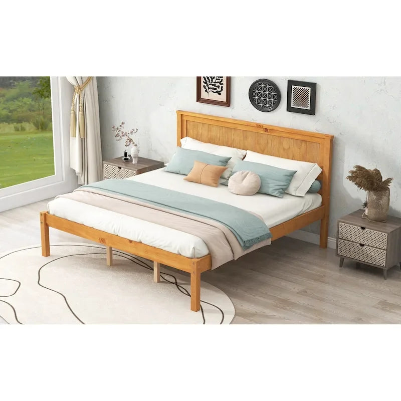 Letto a Piattaforma Matrimoniale in Legno di Pino Espresso Queen Size con Testiera e Supporto a Doghe in Legno