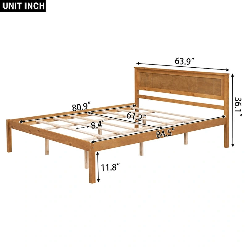 Letto a Piattaforma Matrimoniale in Legno di Pino Espresso Queen Size con Testiera e Supporto a Doghe in Legno