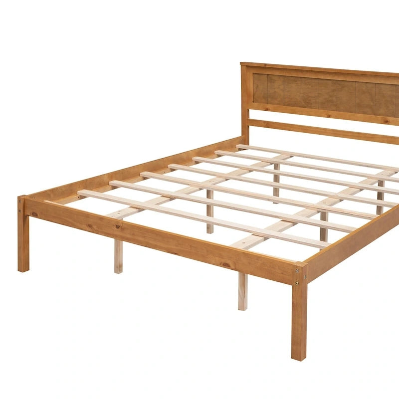 Letto a Piattaforma Matrimoniale in Legno di Pino Espresso Queen Size con Testiera e Supporto a Doghe in Legno