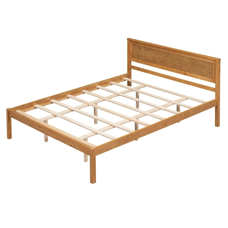 Letto a Piattaforma Matrimoniale in Legno di Pino Espresso Queen Size con Testiera e Supporto a Doghe in Legno