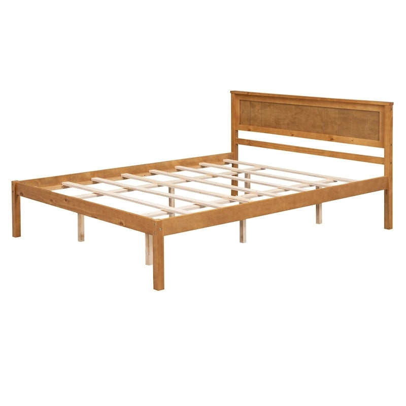 Letto a Piattaforma Matrimoniale in Legno di Pino Espresso Queen Size con Testiera e Supporto a Doghe in Legno
