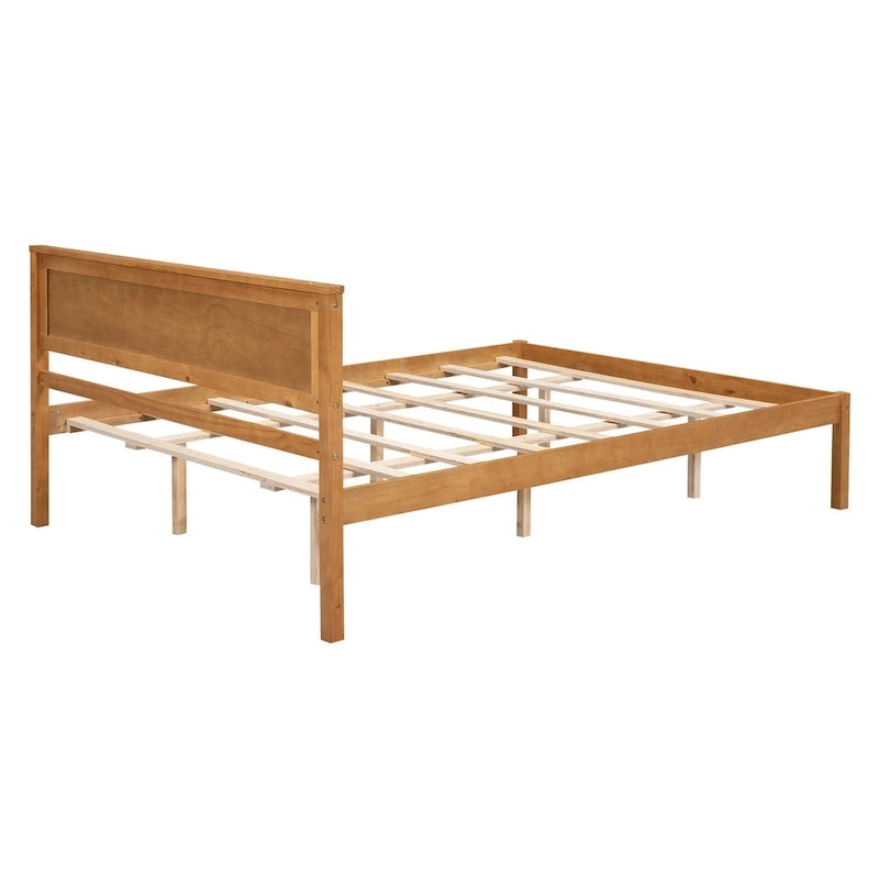Letto a Piattaforma Matrimoniale in Legno di Pino Espresso Queen Size con Testiera e Supporto a Doghe in Legno