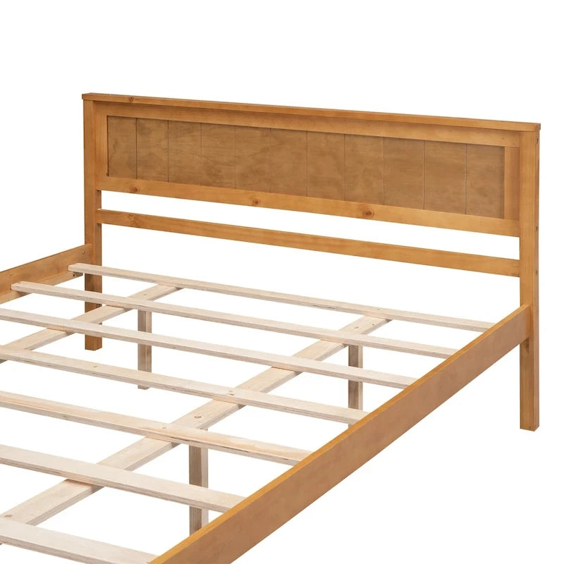 Letto a Piattaforma Matrimoniale in Legno di Pino Espresso Queen Size con Testiera e Supporto a Doghe in Legno