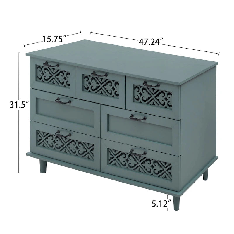 Cassettiera orizzontale a 7 cassetti in stile retrò con pannello dei cassetti intagliato e maniglia in metallo per camera da letto, soggiorno